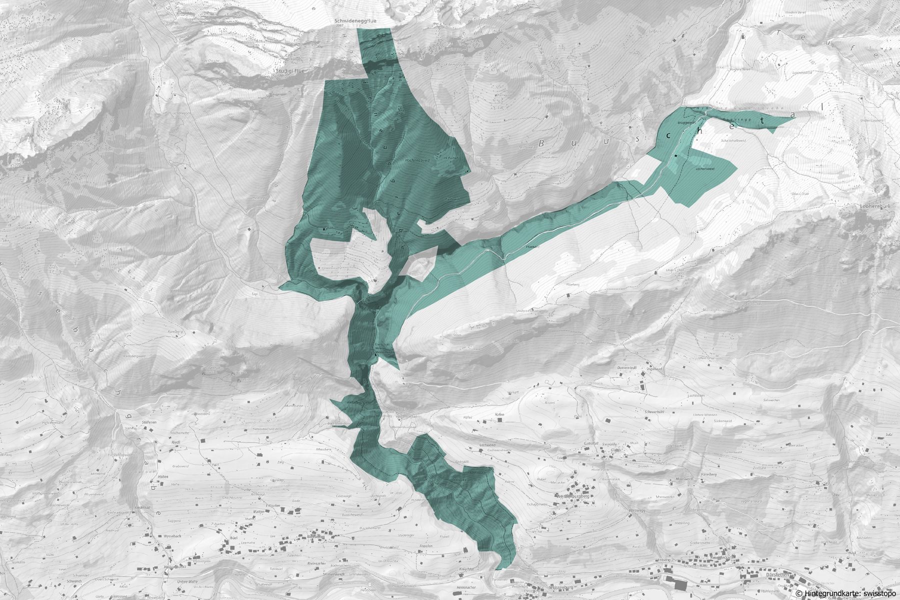 Ausschnitt aus topografischer Landeskarte mit Waldgebiet bei Därstetten