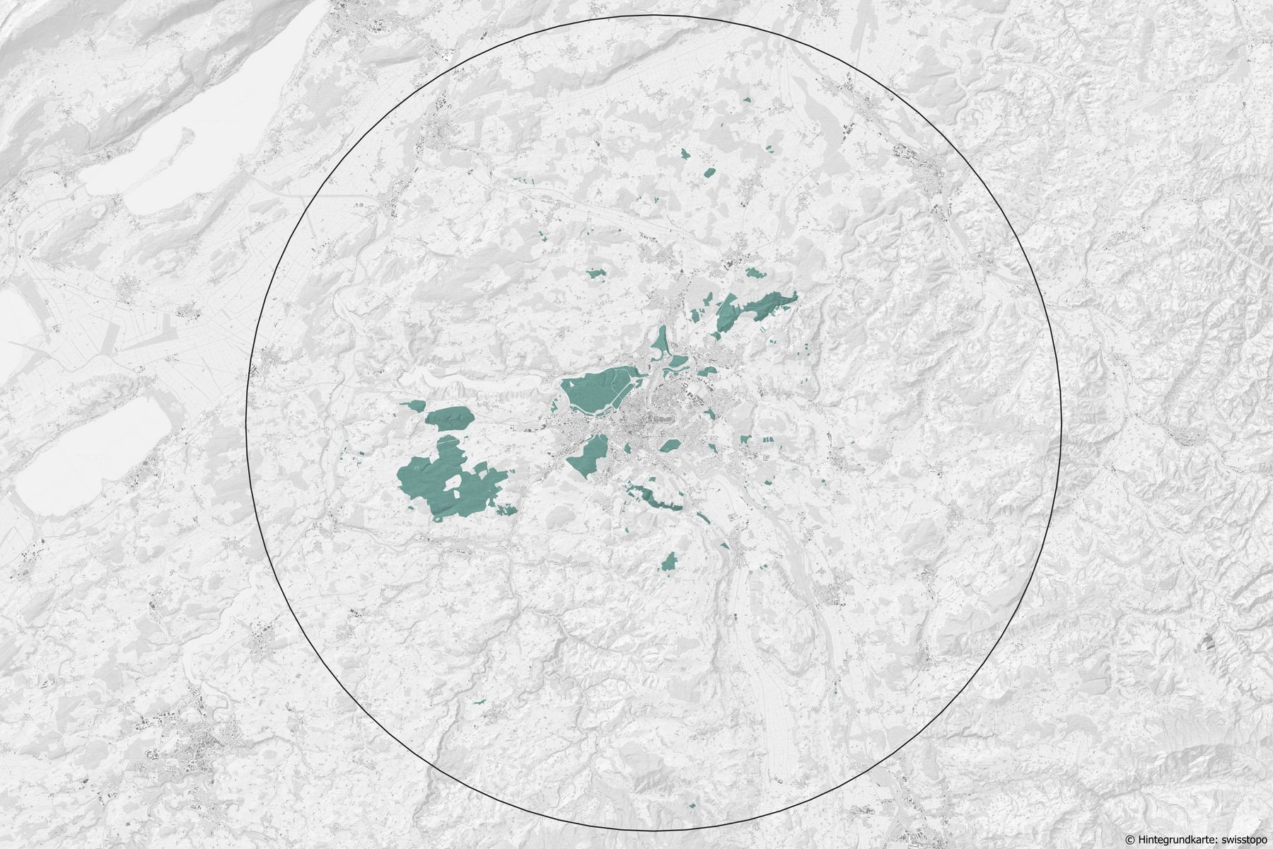 Ausschnitt aus topografischer Landeskarte mit Waldgebieten im Radius von 20 Kilometern ums Bundeshaus Bern